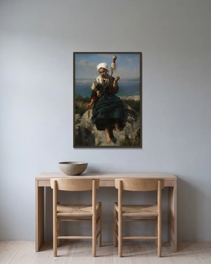 Linspinnerskan av Jules Breton inramad på en vägg