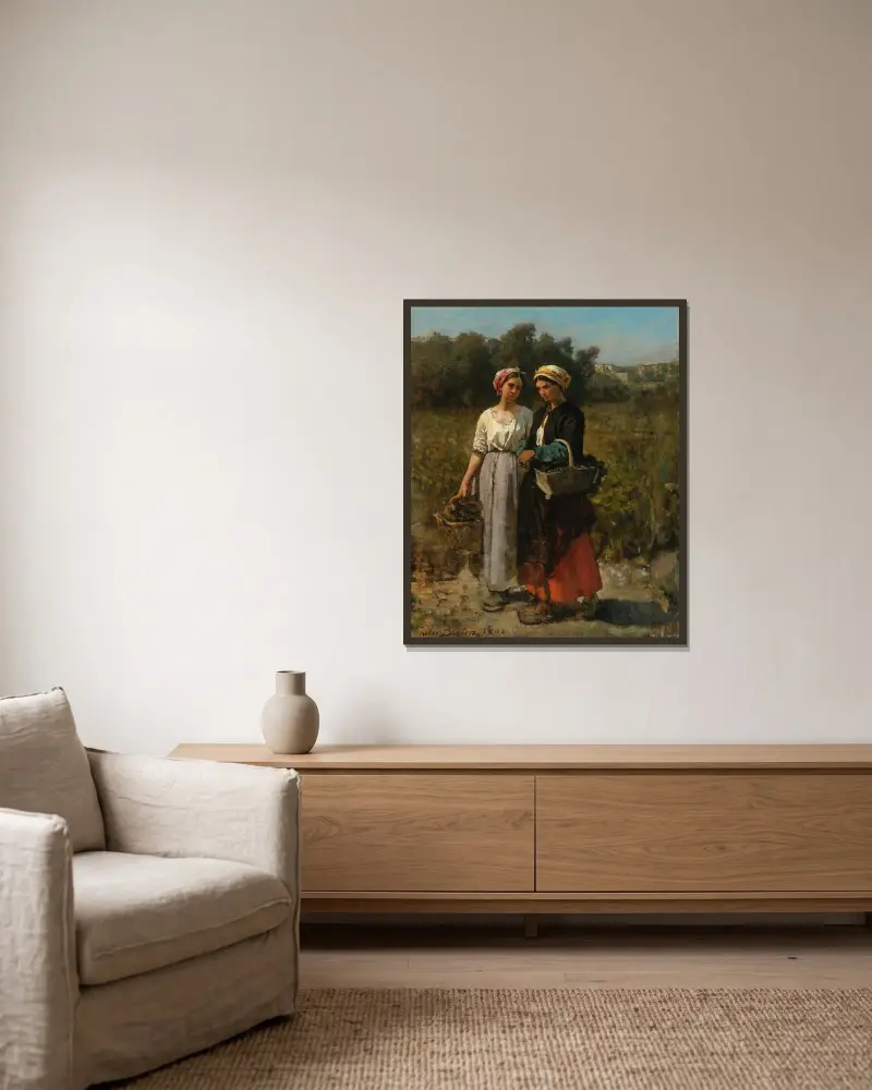 Två unga kvinnor plockar druvor (Studie till Vintern vid Château Lagrange) av Jules Breton inramad på en vägg