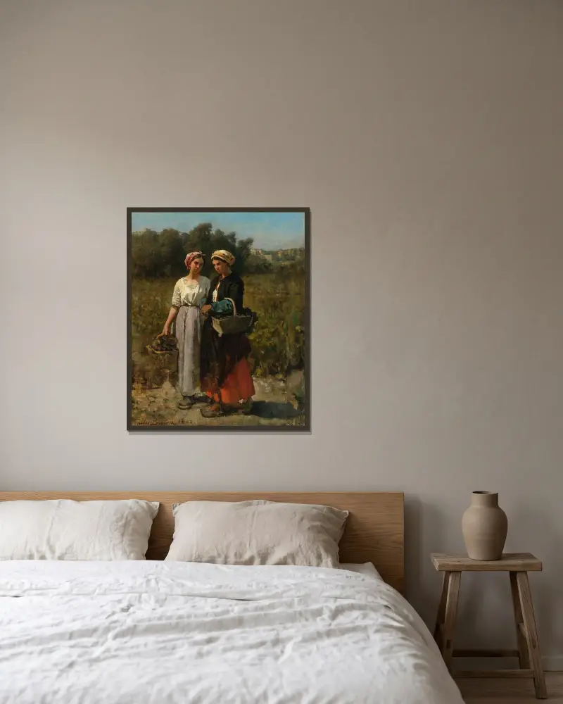 Två unga kvinnor plockar druvor (Studie till Vintern vid Château Lagrange) av Jules Breton inramad på en vägg