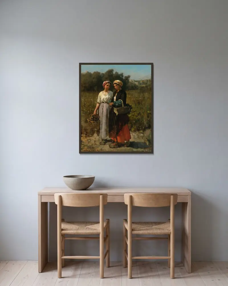 Två unga kvinnor plockar druvor (Studie till Vintern vid Château Lagrange) av Jules Breton inramad på en vägg