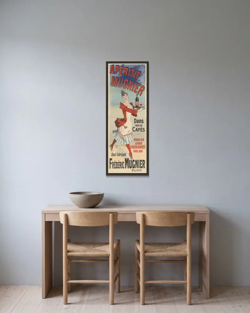 Apéritif Mugnier. Dans tous les cafés. Seul fabricant Frédéric Mugnier, Dijon av Jules Chéret inramad på en vägg