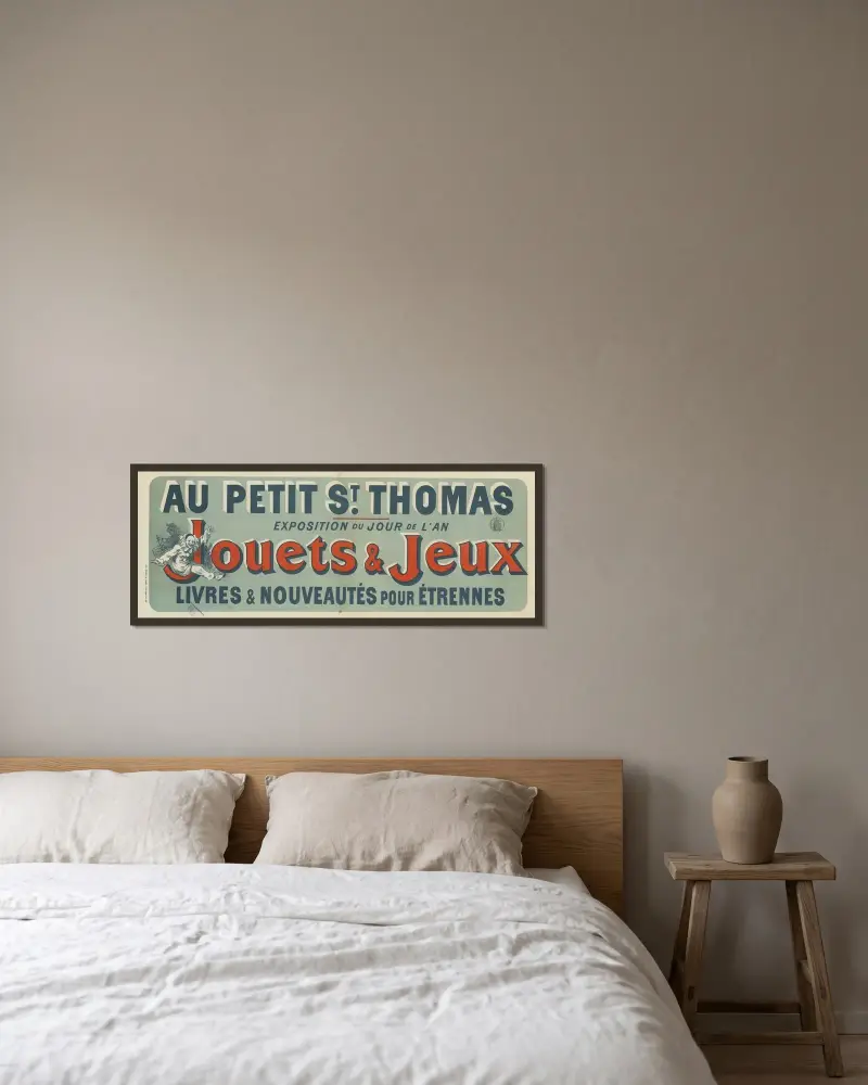På Petit Saint-Thomas, nyårsutställning, leksaker & spel, böcker och nyheter för julklappar av Jules Chéret inramad på en vägg