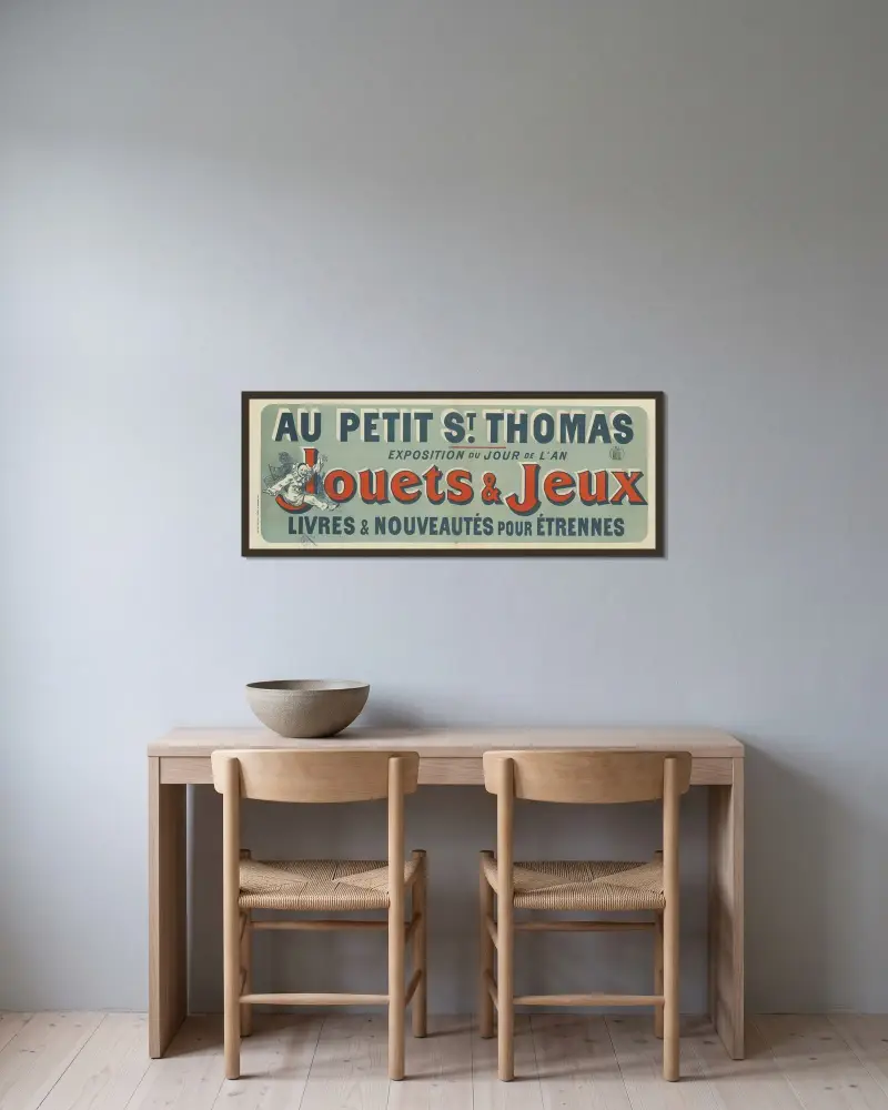 På Petit Saint-Thomas, nyårsutställning, leksaker & spel, böcker och nyheter för julklappar av Jules Chéret inramad på en vägg