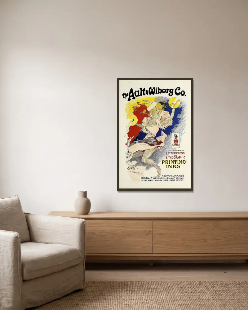 Ault and Wiborg, Ad. 089 av Jules Chéret inramad på en vägg