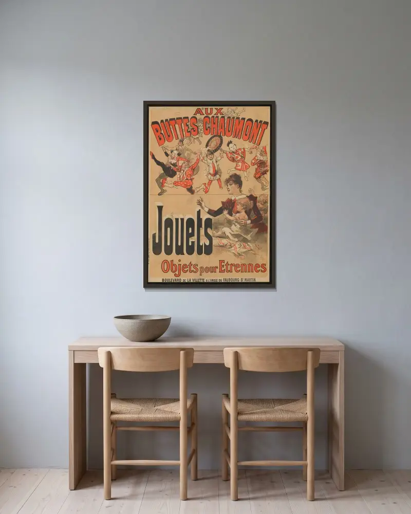 Aux Buttes Chaumont av Jules Chéret inramad på en vägg