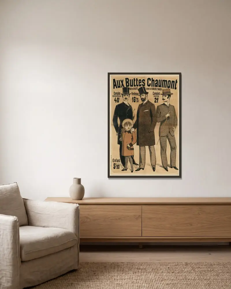 Aux Buttes Chaumont av Jules Chéret inramad på en vägg