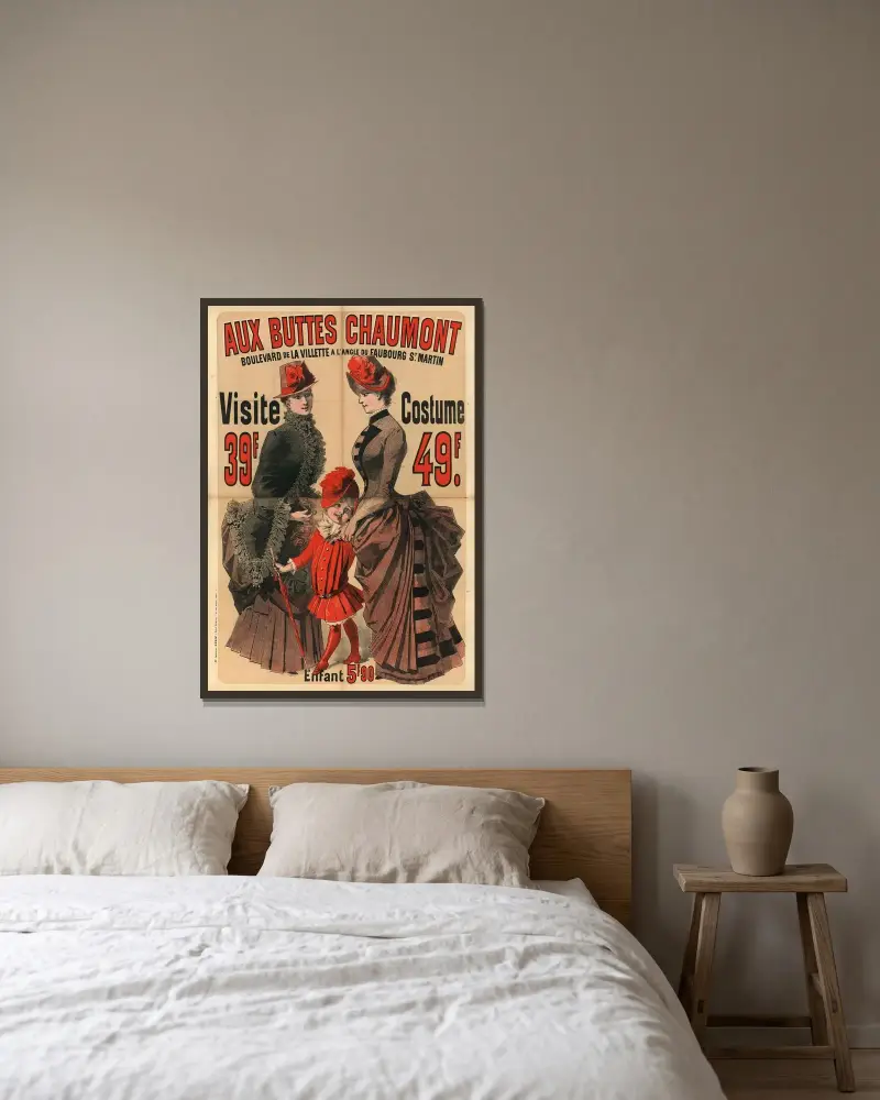 Aux Buttes Chaumont. Visite 39f – Costume 49f. av Jules Chéret inramad på en vägg