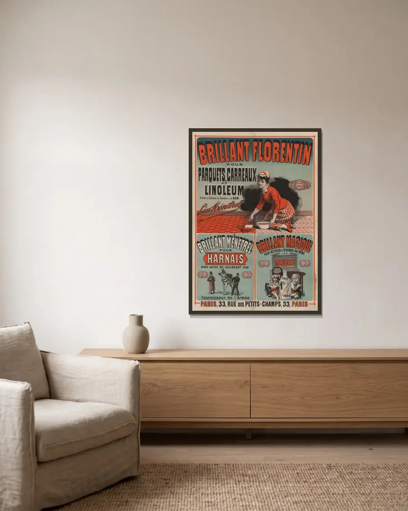 Brillant Florentin pour parquets, carreaux et linoléum von Jules Chéret gerahmt an einer Wand