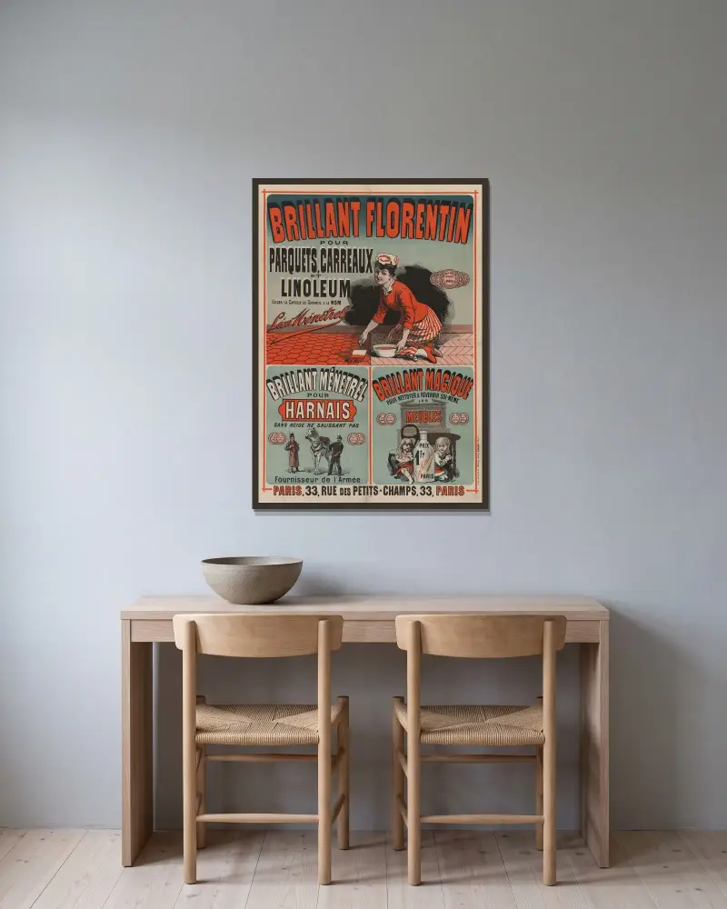 Brillant Florentin pour parquets, carreaux et linoléum von Jules Chéret gerahmt an einer Wand