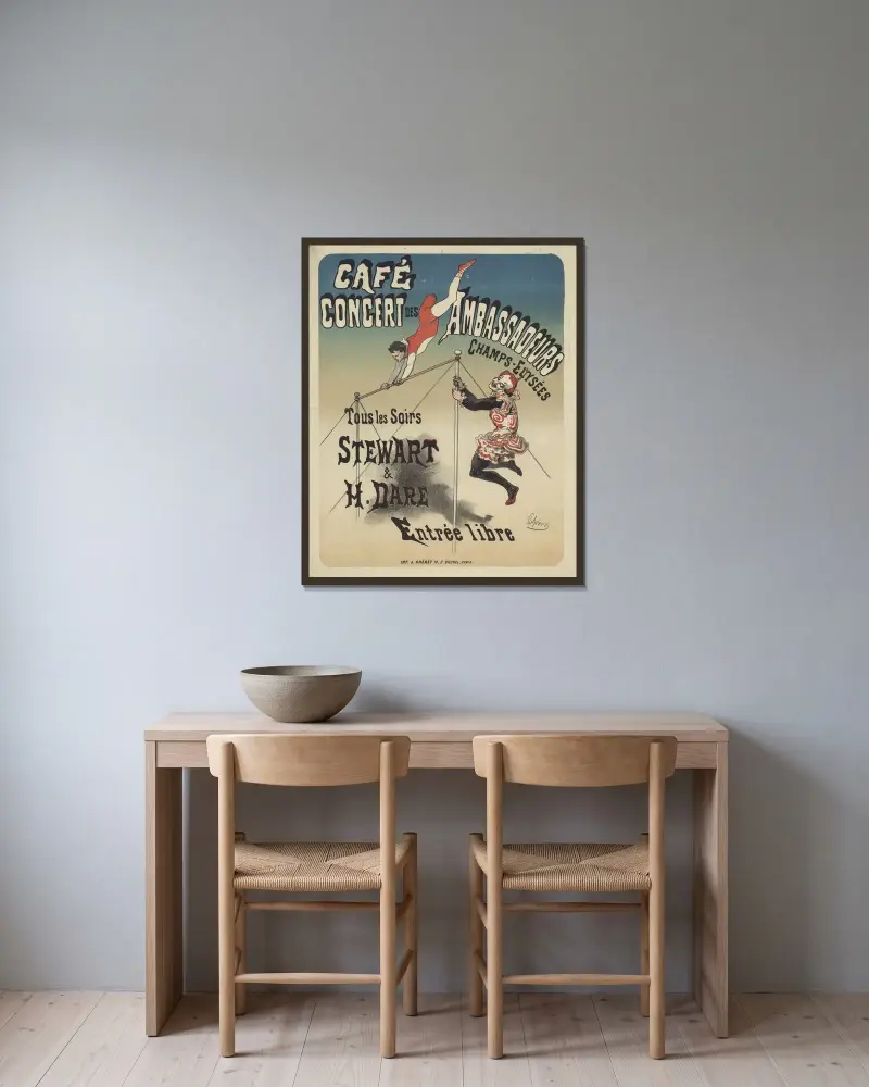Café-concert des Ambassadeurs. Stewart och H. Dare av Jules Chéret inramad på en vägg