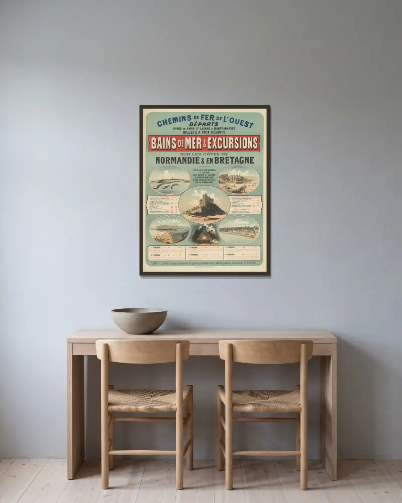 Chemins de Fer de l’Ouest. Bains de mer & excursions sur les côtes de Normandie & en Bretagne von Jules Chéret gerahmt an einer Wand