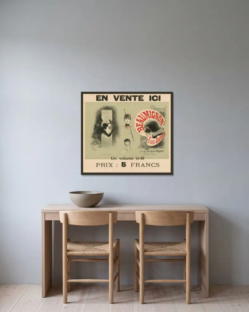 En vente ici. Beaumignon par Frantz Jourdain. Préface par Alphonse Daudet av Jules Chéret inramad på en vägg