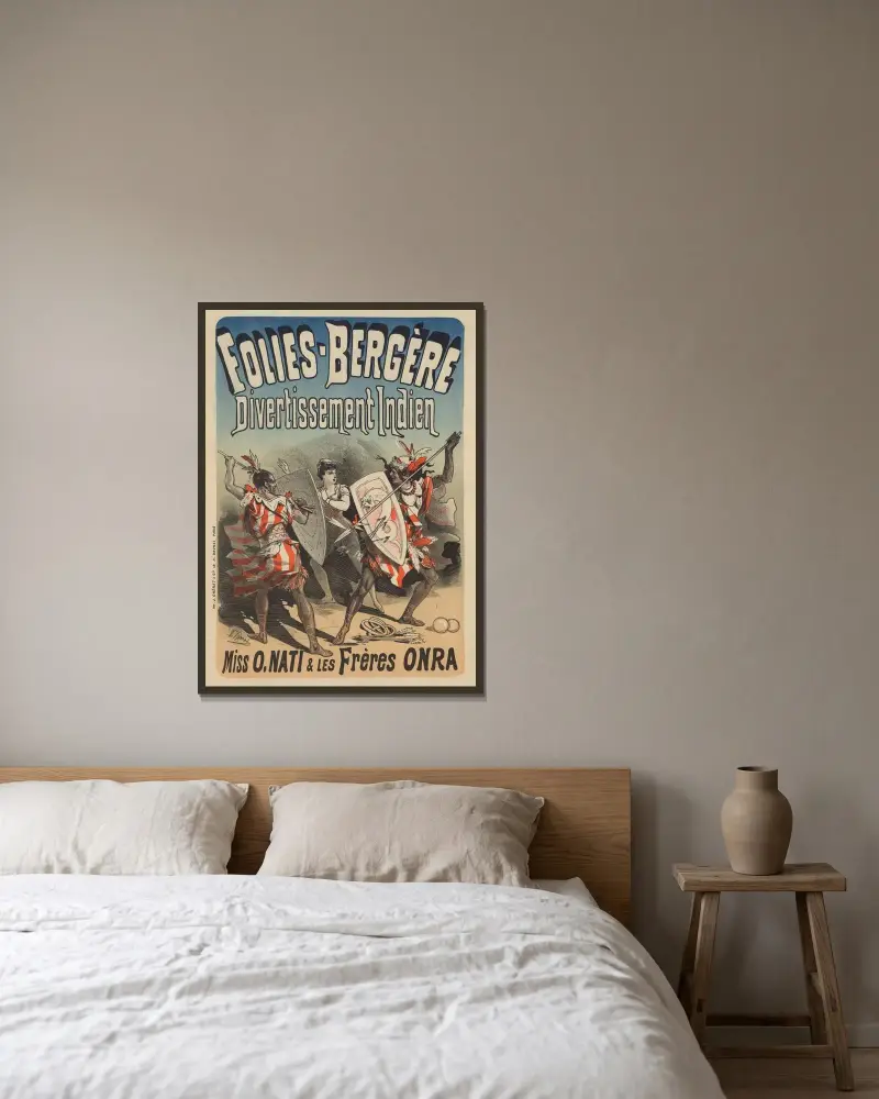 Folies Bergère… Divertissement indien. Miss O. Nati et les frères Onra von Jules Chéret gerahmt an einer Wand