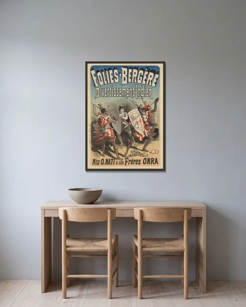 Folies Bergère… Divertissement indien. Miss O. Nati et les frères Onra von Jules Chéret gerahmt an einer Wand