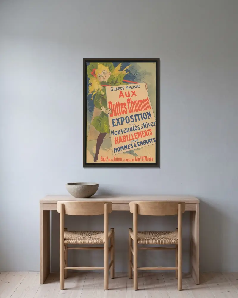 Grand Magazins Aux Buttes Chaumont. Exposition des nouveautés d'hiver von Jules Chéret gerahmt an einer Wand