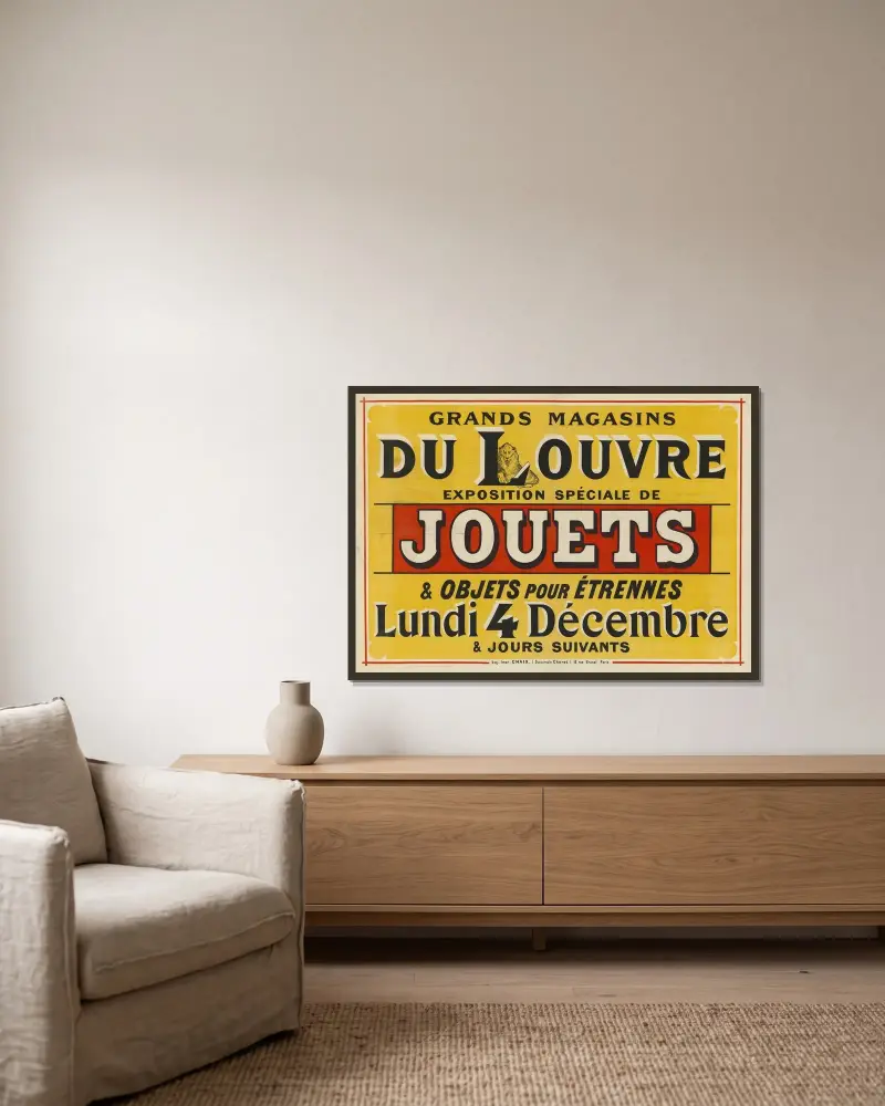 Grands magasins du Louvre, exposition spéciale de Jouets. Lundi 4 décembre von Jules Chéret gerahmt an einer Wand