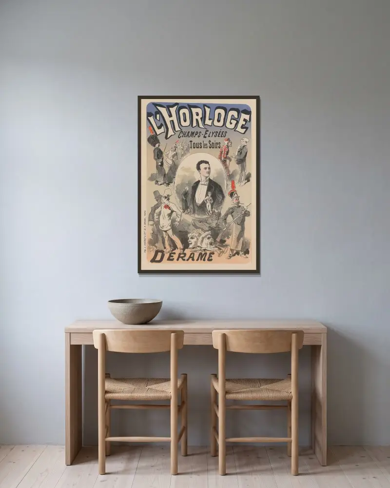 L’ Horloge. Derame av Jules Chéret inramad på en vägg
