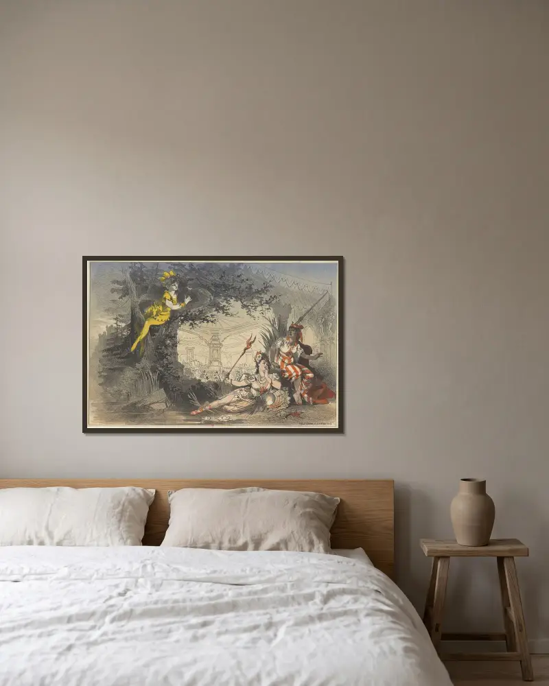 Hindan i skogen av Jules Chéret inramad på en vägg