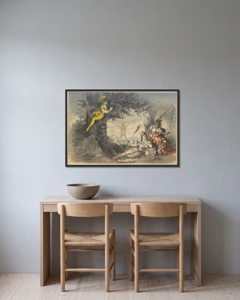Hindan i skogen av Jules Chéret inramad på en vägg