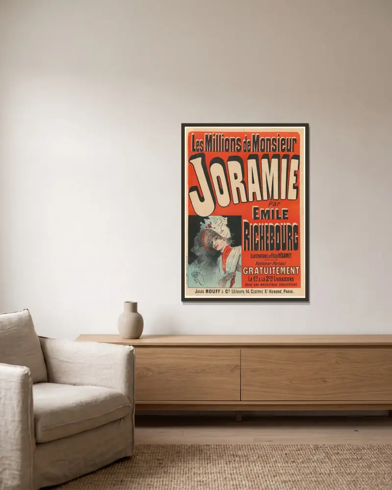 Les Millions de Monsieur Joramie par Emile Richebourg av Jules Chéret inramad på en vägg