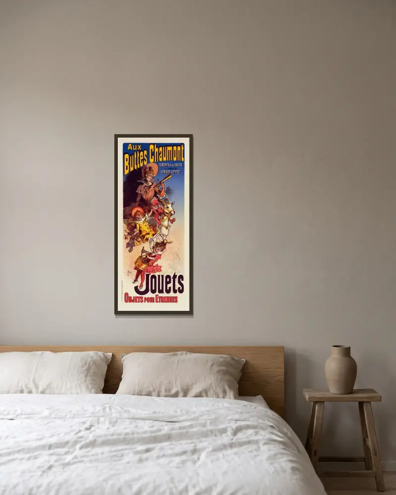 Magasin Des Buttes Chaumont av Jules Chéret inramad på en vägg