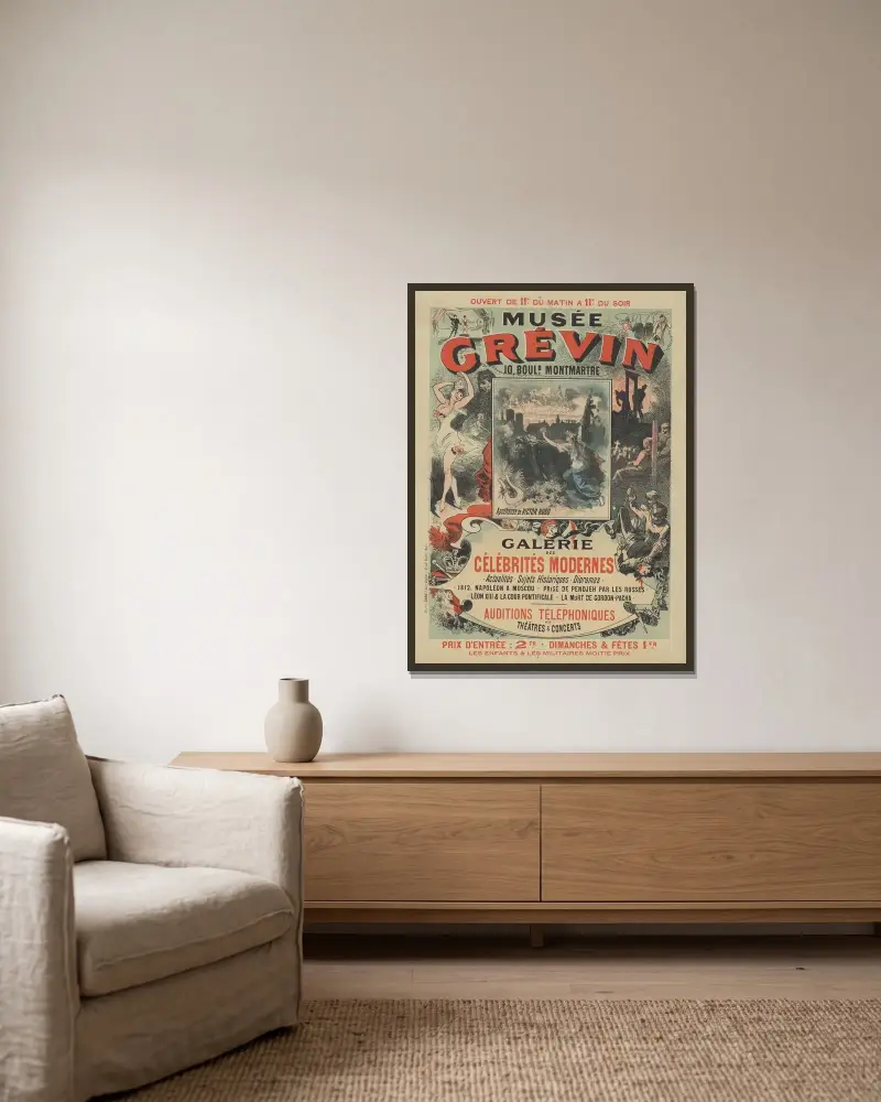 Musée Grévin, 10, boulevard Montmartre. Victor Hugos apoteos, moderna berömdheters galleri av Jules Chéret inramad på en vägg