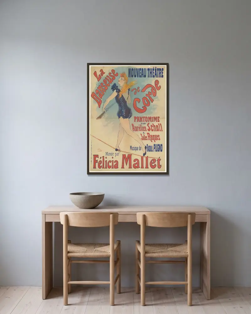 Nouveau Théâtre. La danseuse de corde. Felicia Mallet av Jules Chéret inramad på en vägg