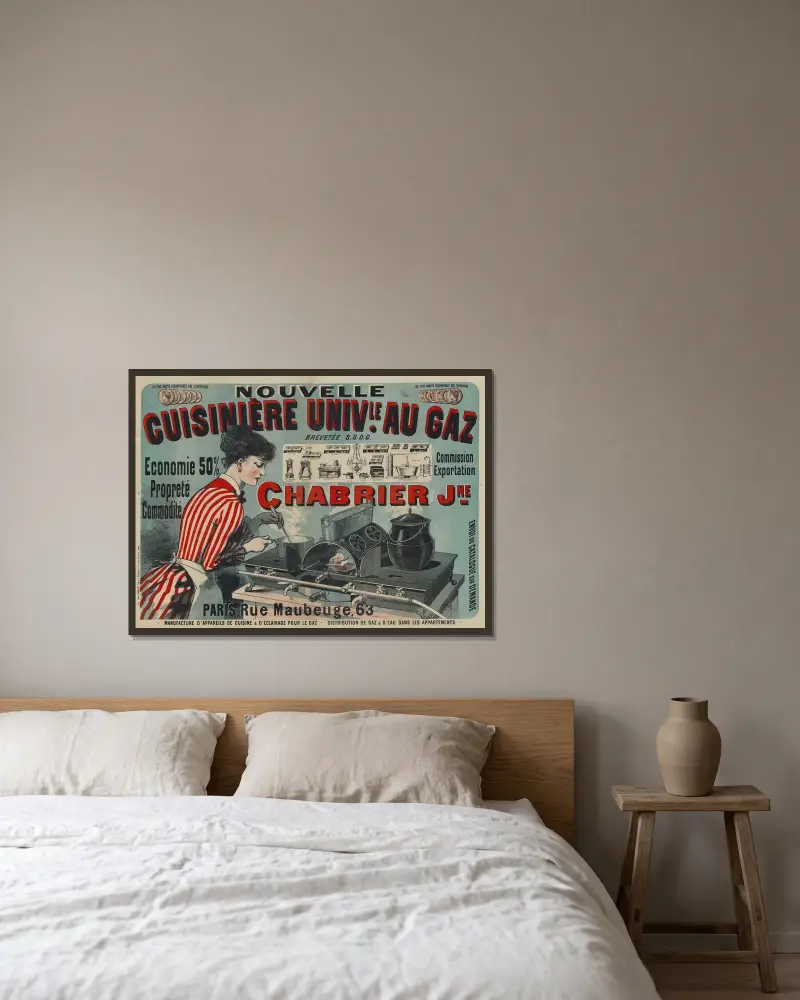 Nouvelle cuisinière universelle au gaz Chabrier jeune av Jules Chéret inramad på en vägg