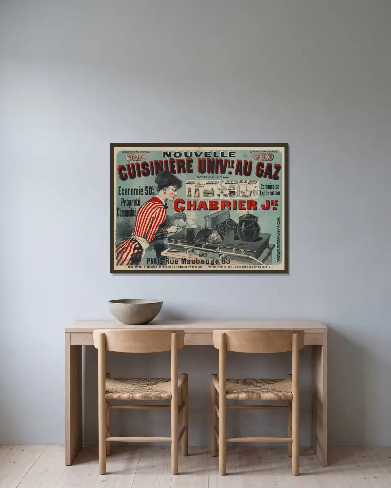 Nouvelle cuisinière universelle au gaz Chabrier jeune av Jules Chéret inramad på en vägg