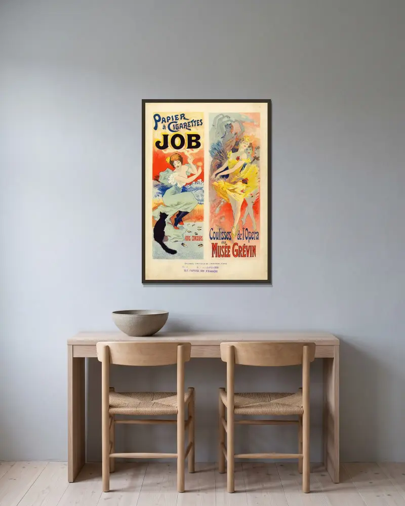 Papier à Cigarettes Job Hors Concours Coulisses de l’Opéra au Musée Grévin Spécimens d’affiches de l’Imprimerie Chaix av Jules Chéret inramad på en vägg
