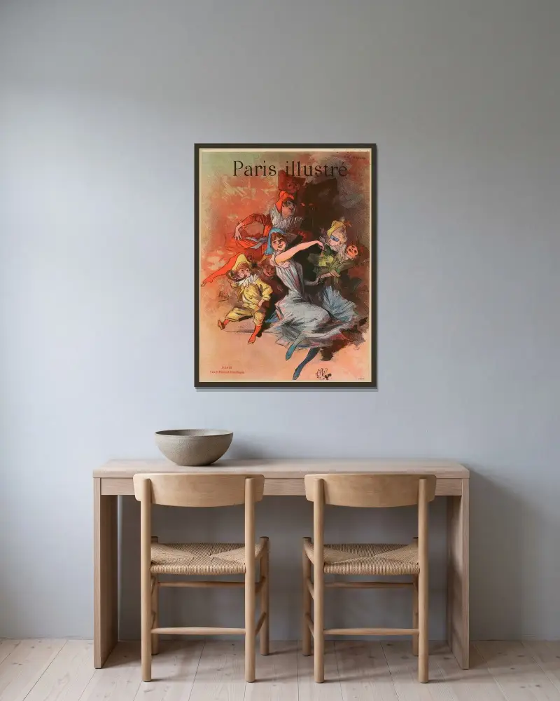 Paris Illustré av Jules Chéret inramad på en vägg