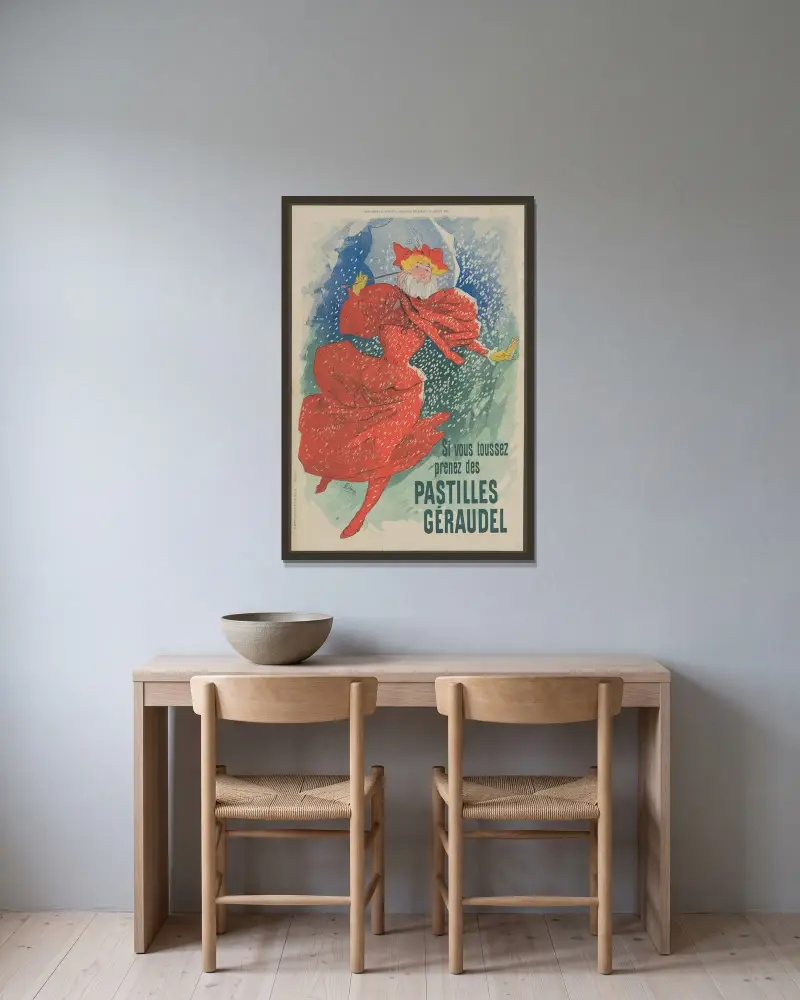 Pastiller Géraudel (Kvinna med paraply) av Jules Chéret inramad på en vägg