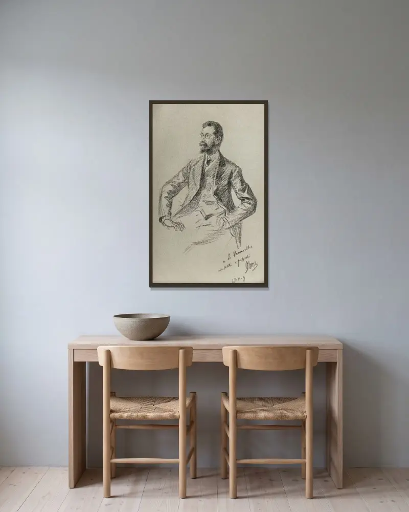 Porträtt av Louis Vauxcelles av Jules Chéret inramad på en vägg