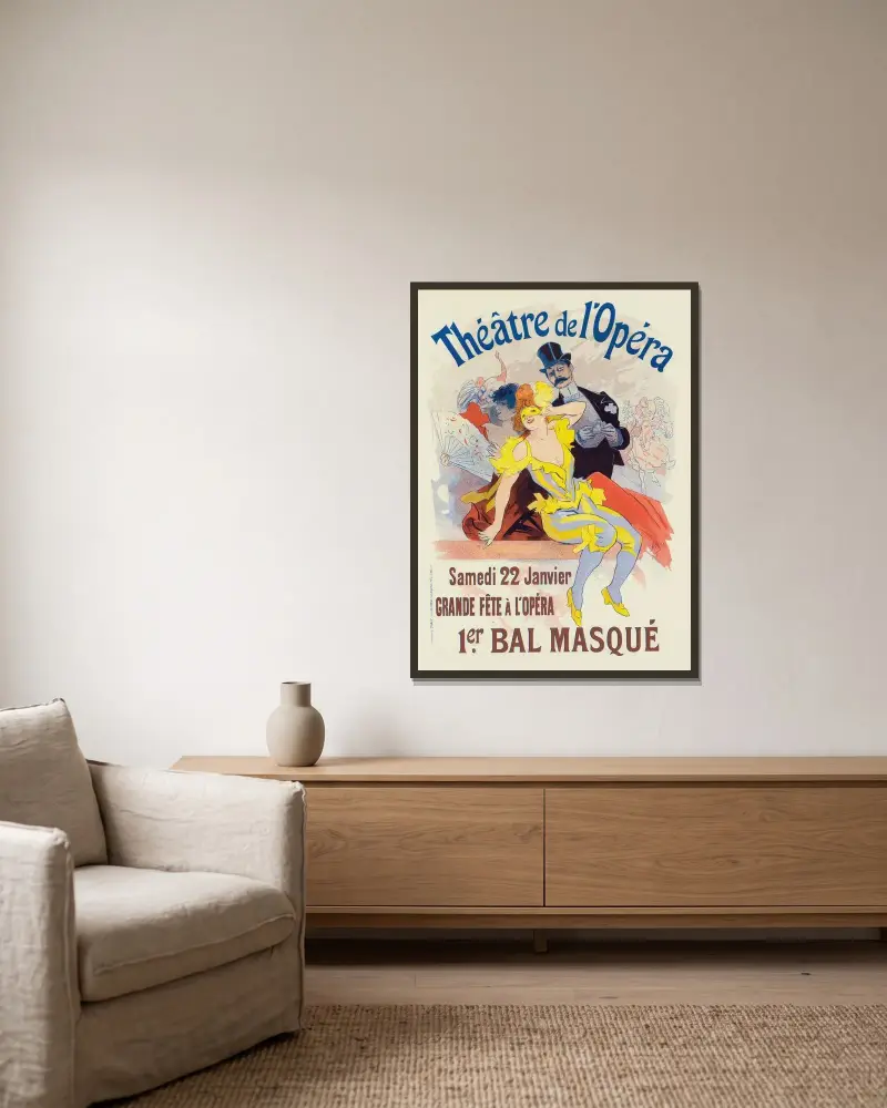 Plakat für den 1er. Bal Masqué, La Grande Fête À L’opéra, 22 Janvier von Jules Chéret gerahmt an einer Wand