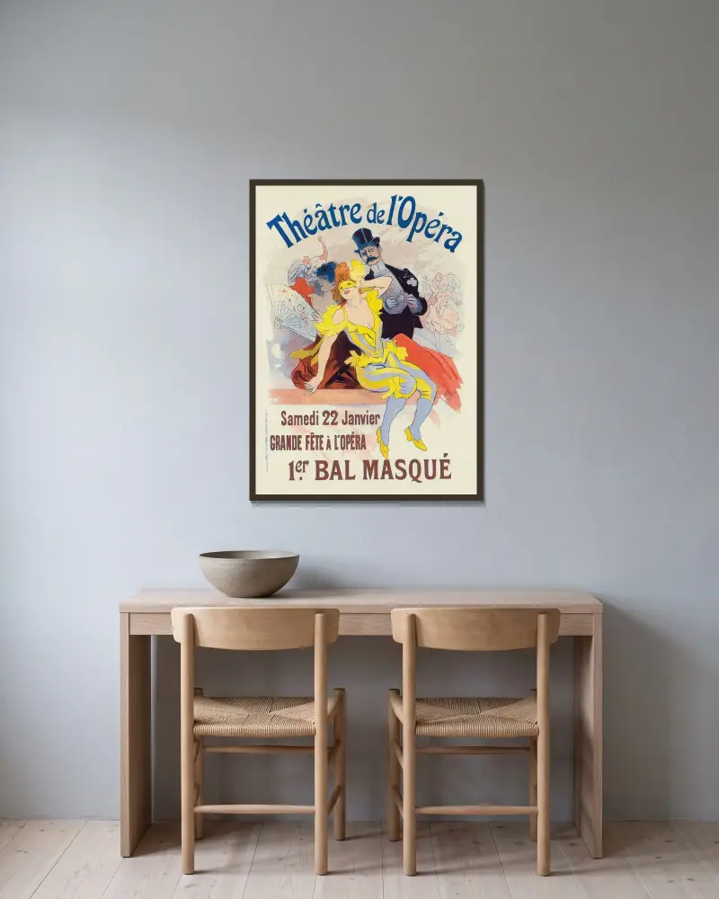 Plakat für den 1er. Bal Masqué, La Grande Fête À L’opéra, 22 Janvier von Jules Chéret gerahmt an einer Wand