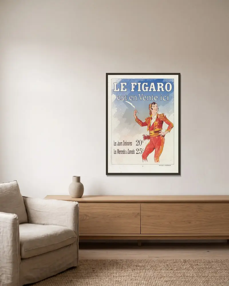 Reklamblad för Le Figaro av Jules Chéret inramad på en vägg