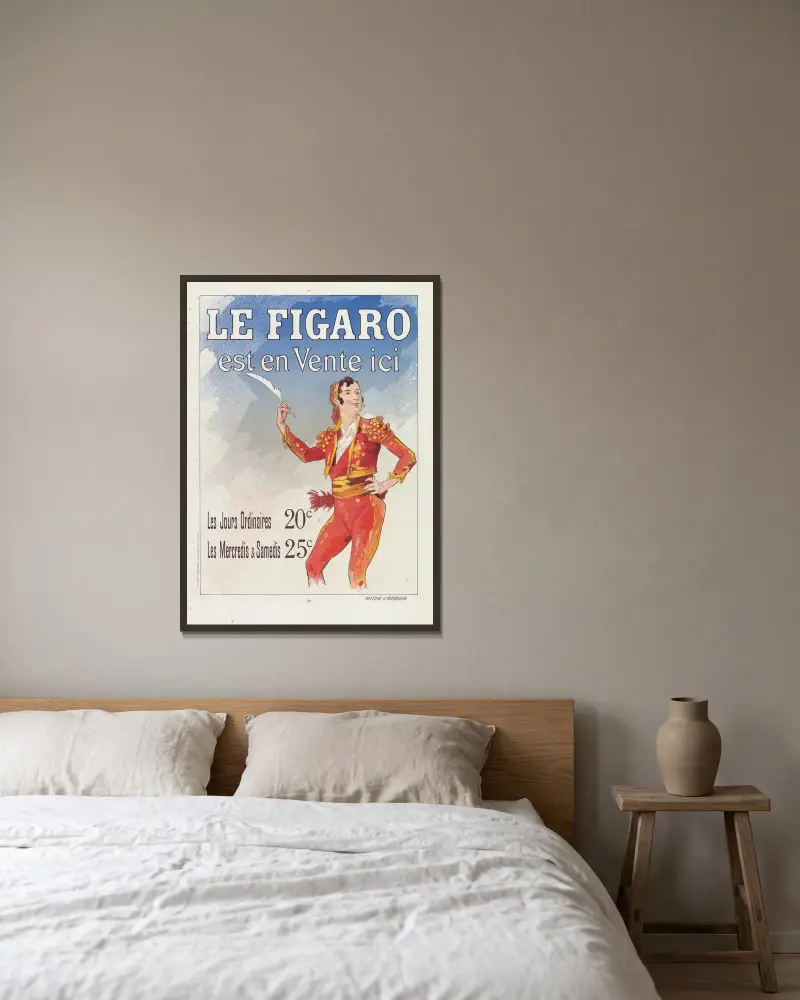 Reklamblad för Le Figaro av Jules Chéret inramad på en vägg