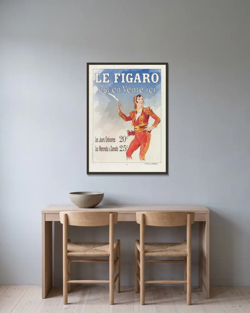 Reklamblad för Le Figaro av Jules Chéret inramad på en vägg