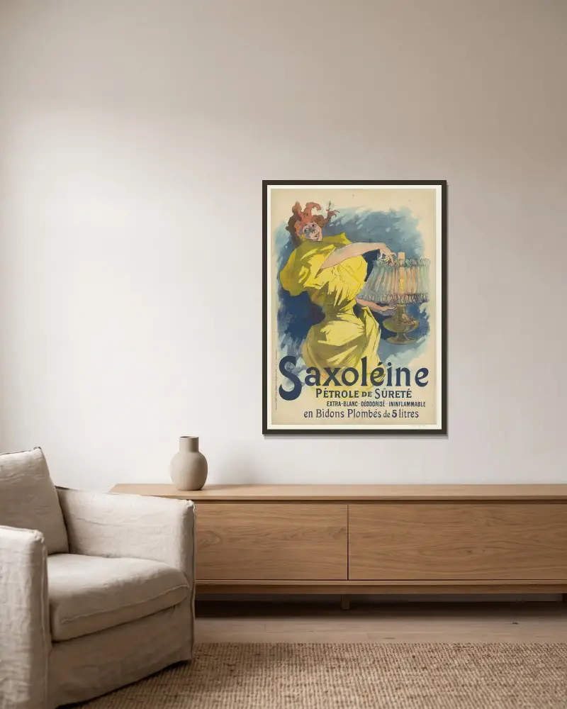 Saxoléine, Pétrole de Sûreté. Extra-blanc, déodorisé, ininflammable. En bidons plombés de 5 litres av Jules Chéret inramad på en vägg