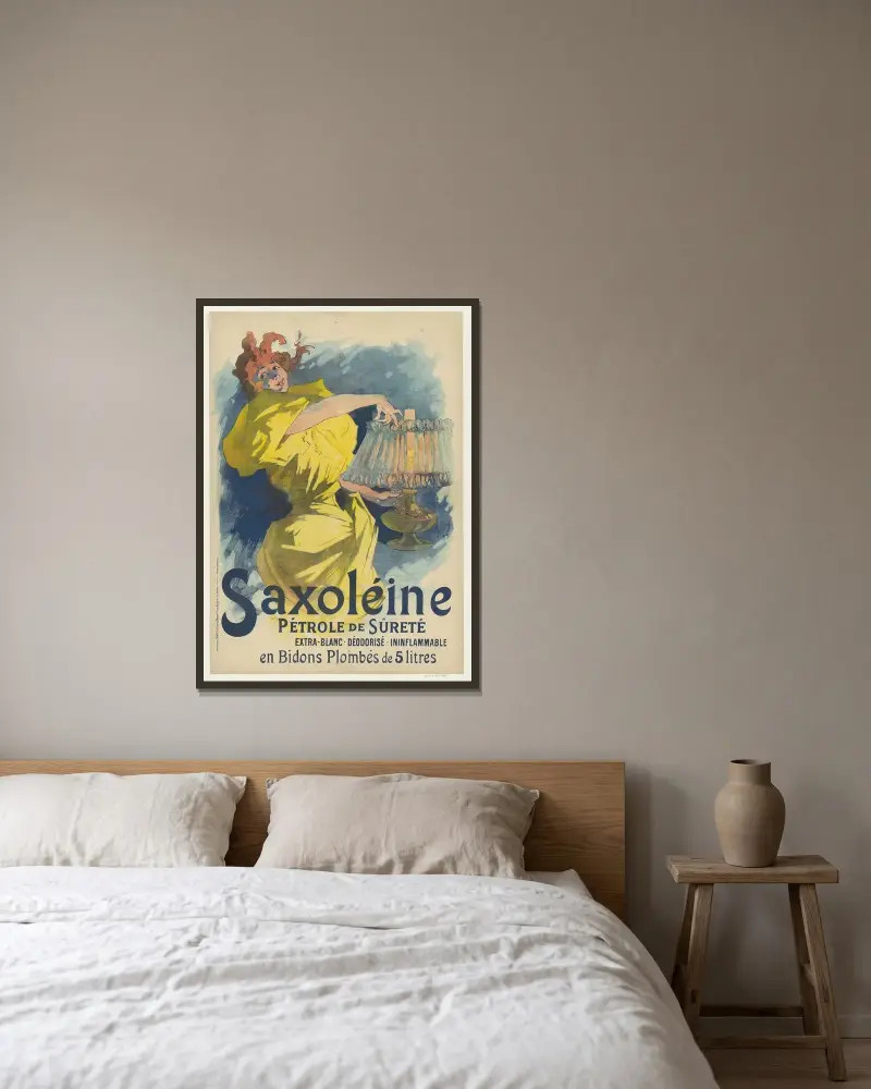 Saxoléine, Pétrole de Sûreté. Extra-blanc, déodorisé, ininflammable. En bidons plombés de 5 litres av Jules Chéret inramad på en vägg