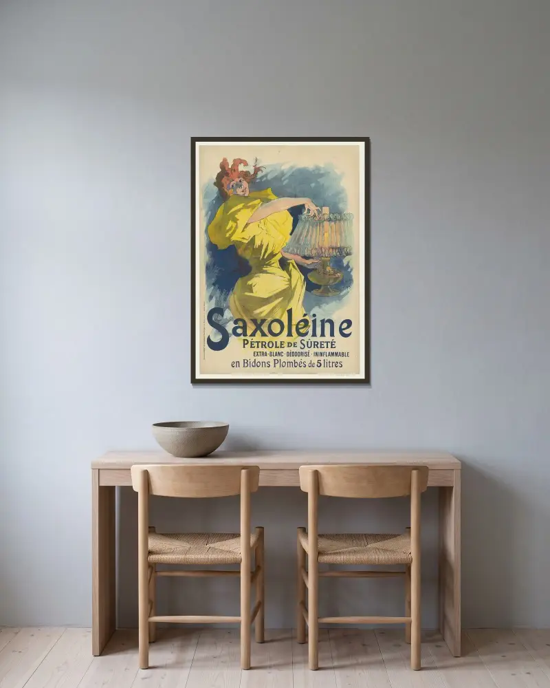 Saxoléine, Pétrole de Sûreté. Extra-blanc, déodorisé, ininflammable. En bidons plombés de 5 litres av Jules Chéret inramad på en vägg