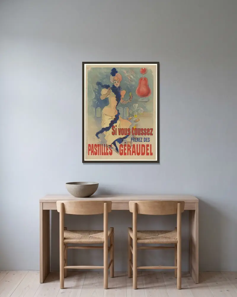 Om du hostar, ta Géraudel-pastiller av Jules Chéret inramad på en vägg