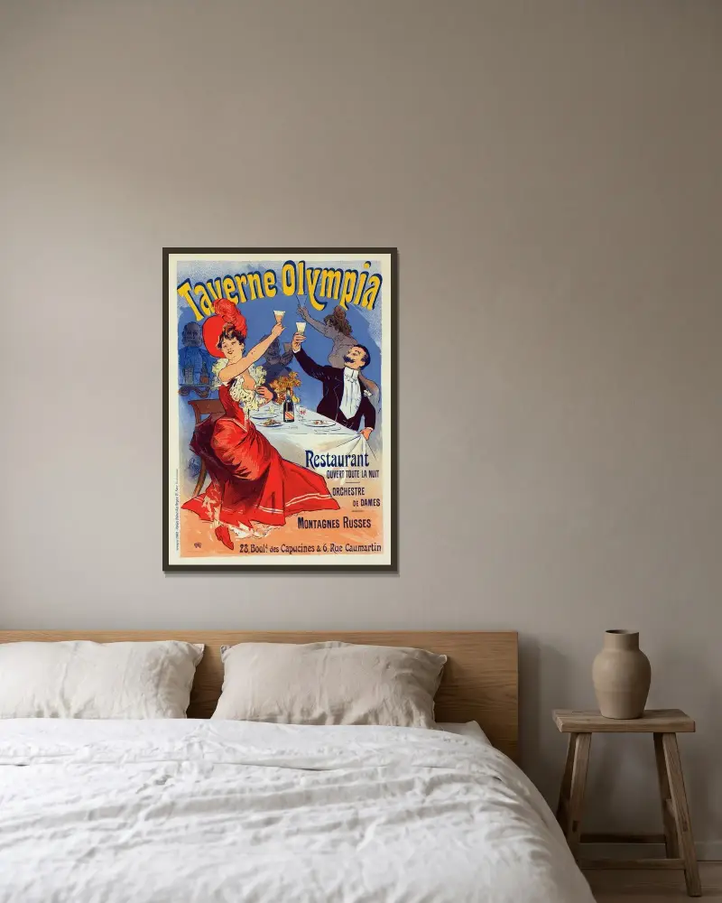 Taverne Olympia av Jules Chéret inramad på en vägg
