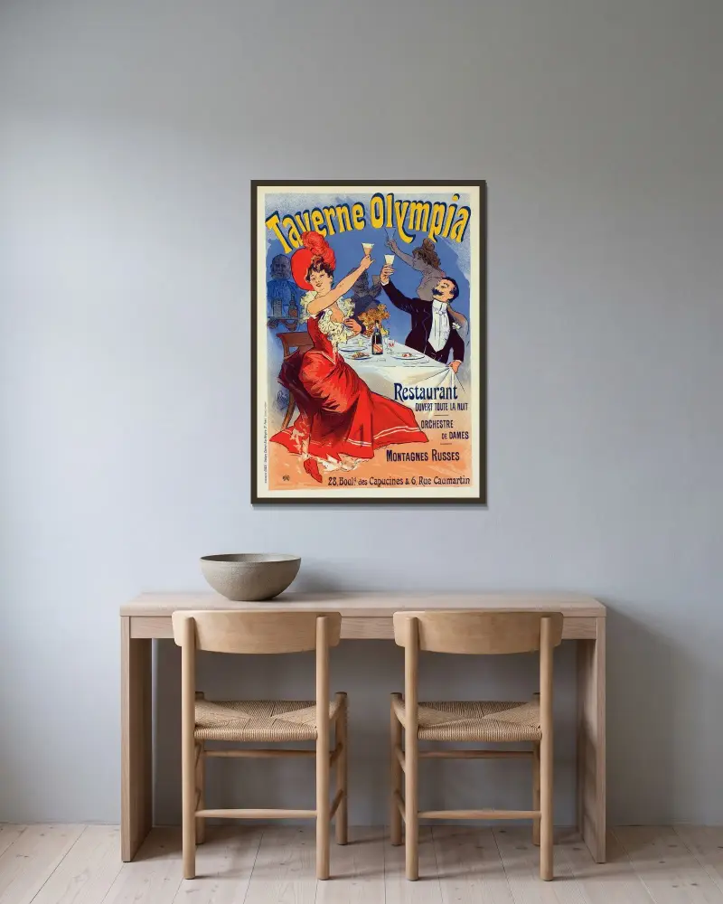 Taverne Olympia av Jules Chéret inramad på en vägg