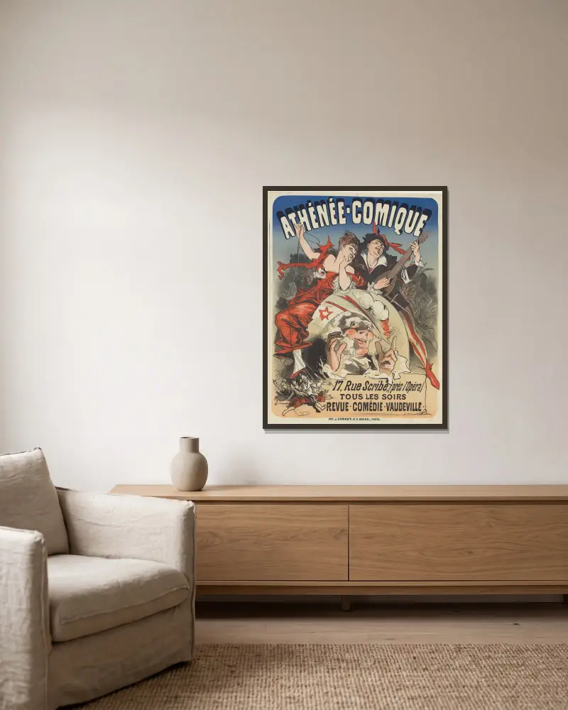 Théâtre de l’Athénée-Comique, 17 rue Scribe… Revue, comédie, vaudeville av Jules Chéret inramad på en vägg