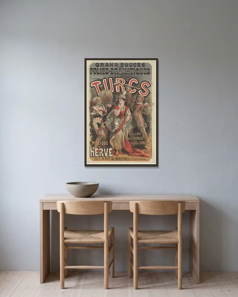 Théâtre des Folies dramatiques. Les Turcs. Musik av Hervé av Jules Chéret inramad på en vägg