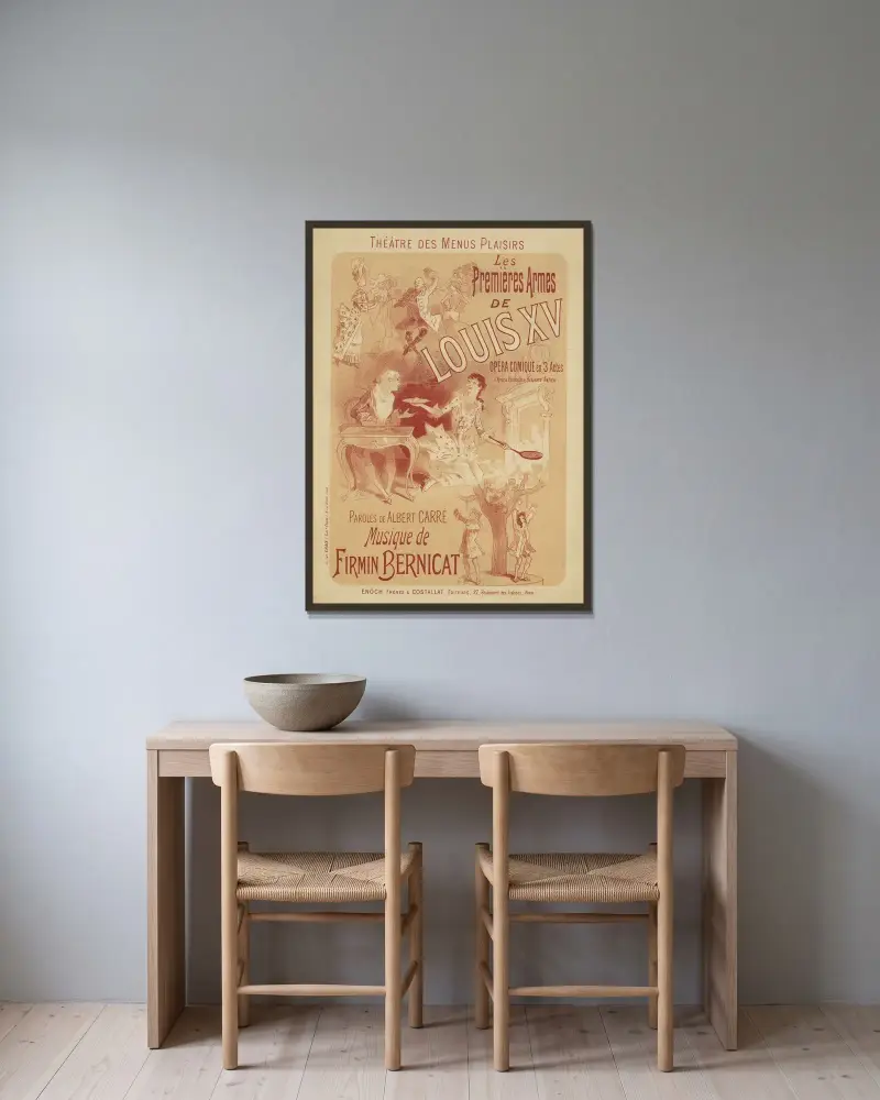 Théâtre des Menus-Plaisirs. Die ersten Waffen Ludwigs XV. von Jules Chéret gerahmt an einer Wand