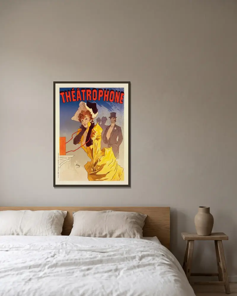 Théâtrophone av Jules Chéret inramad på en vägg