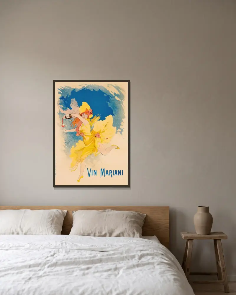 Vin Mariani (1894-5) av Jules Chéret inramad på en vägg