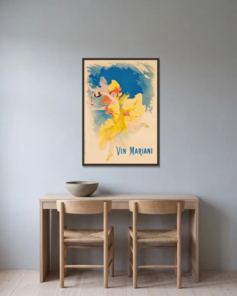 Vin Mariani (1894-5) av Jules Chéret inramad på en vägg